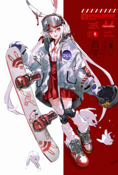 Rule 34 | 1girl, 2023, :d, absurdres, animal ears, carrot print, food print, full body, goggles, goggles on head, helmet, high-waist skirt, highres, holding, holding skateboard, holding unworn helmet, jacket, japanese clothes, kimono, knee guards, kouhaku nawa, long hair, loose socks, low twintails, new year, open clothes, open jacket, open mouth, original, pleated skirt, rabbit, rabbit ears, red background, red eyes, rope, shimenawa, shoes, skateboard, skirt, smile, sneakers, so-bin, socks, standing, thighhighs, twintails, two-tone background, unworn helmet, very long hair, white background, white hair