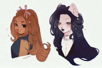 2girls aegyo_sal animal_ears animal_nose artist_name bangs_pinned_back black_hair black_lips black_shirt breasts brown_eyes brown_hair cat_ears cat_girl cleavage closed_mouth colored_skin commentary cropped_arm cropped_head dark_skin dog_ears dog_girl english_commentary eyelashes flipped_hair floppy_ears forehead frilled_sleeves frills from_side furry furry_female green_eyes hair_over_shoulder hair_ribbon jewelry light_smile long_hair looking_at_viewer medium_breasts mole mole_under_eye multiple_girls necklace noisykoala original parted_lips pink_ribbon pink_trim ribbon shirt short_eyebrows short_sleeves simple_background sketch slit_pupils sparkle teeth thick_lips v-neck white_background white_skin
