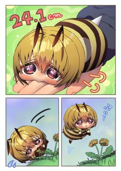 1boy 1girl antenna_hair arthropod_girl bee_antenna bee_girl bee_print blonde_hair brown_gloves centimeters flower gloves highres insect_girl measurements mini_person minigirl motion_lines on_hand original outdoors purple_eyes size_comparison size_difference sound_effects stinger swetdrop uryuuminene18 wings