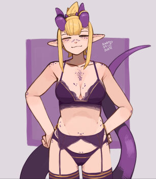 1girl :3 =_= blonde_hair bra breasts closed_eyes closed_mouth collarbone commentary cowboy_shot dated english_commentary hands_on_own_hips highres horns kart_prowler laffy_(kart_prowler) original panties pointy_ears purple_bra purple_horns purple_panties purple_thighhighs short_hair sidelocks signature smile solo stomach thighhighs underwear underwear_only