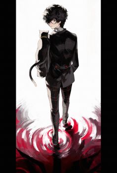 1boy absurdres amamiya_ren animal black-framed_eyewear black_bag black_cat black_eyes black_hair black_jacket black_pants black_shoes cat closed_mouth expressionless from_behind full_body glasses hair_over_one_eye highres jacket long_sleeves looking_at_viewer looking_back male_focus morgana_(cat)_(persona_5) morgana_(persona_5) pants persona persona_5 pillarboxed plaid_clothes plaid_pants ripples saichuu_(more1208) school_uniform shoes short_hair shuujin_academy_school_uniform standing turtleneck walking walking_on_liquid