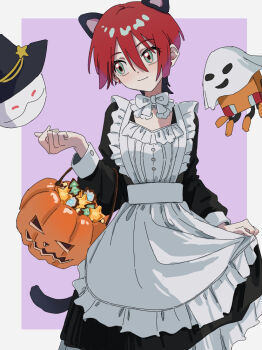 1girl amate_yuzuriha animal_ears apron aqua_eyes black_dress blush bucket candy cat_ears cat_tail closed_mouth conch_(gundam) dress food frilled_apron frills ghost_costume gundam gundam_gquuuuuux halloween halloween_bucket haro hat holding holding_bucket long_sleeves maid maid_apron o6nuqm pumpkin red_hair shirt short_hair smile tail white_apron witch_hat