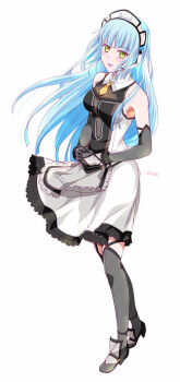 1girl apron artist_name bare_shoulders black_gloves black_thighhighs blue_hair blunt_bangs breasts clothes_lift detached_sleeves eiyuu_densetsu floating_hair full_body gloves headset high_heels hime_cut kuro_no_kiseki kuro_no_kiseki_(series) kuro_no_kiseki_ii long_hair looking_at_viewer maid_headdress medium_breasts parted_lips risette_twinings simple_background skirt skirt_lift smile solo tachi-e thighhighs white_background xiacheng_tatsuya yellow_eyes