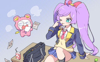 &gt;_o 1girl ;p academic_test ahoge akanbe anger_vein angry bag blazer blue_jacket blue_skirt bow collared_shirt cropped_jacket desk eyelid_pull finger_to_eye glasses hair_bow highres holding holding_paper jacket juice_box knee_up kuma_(pripara) long_hair long_sleeves looking_at_another manaka_laala necktie nojima_minami on_desk one_eye_closed paper paprika_private_academy_school_uniform pink_bow pink_necktie plaid_clothes plaid_skirt pleated_skirt pretty_series pripara purple_hair school_bag school_uniform scolding shirt sitting skirt solo stuffed_animal stuffed_toy teddy_bear tongue tongue_out twintails very_long_hair vest white_shirt yellow_vest