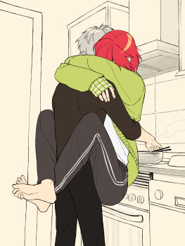 2boys absurdres barefoot black_pants black_shirt chopsticks cooking grey_hair highres hug hyoutenka_30-do_no_zetsubou indoors jh kitchen kuchinashi_dabi leg_lock male_focus monochrome_background multiple_boys pants photo-referenced red_hair shirt steaming_food three-quarter_sleeves tonimura_yui track_pants white_shirt yaoi
