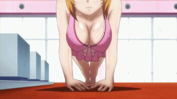 1girl all_fours animated animated_gif arm_support bare_shoulders barefoot bikini blush body_blush bouncing_breasts breasts brown_hair cleavage collarbone exercising female_focus fingernails floor frilled_bikini frills hair_between_eyes hair_ornament hanging_breasts indoors kushiya_inaho large_breasts legs looking_at_viewer maken-ki! on_floor pink_bikini pov push-ups red_eyes shadow short_hair solo swimsuit takami_akio wet wet_hair