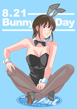 1girl absurdres animal_ear_hairband animal_ears artist_logo black_bow black_bowtie black_leotard black_pantyhose black_shoes blue_background bow bowtie breasts brown_hair bunny_day collarbone commentary_request detached_collar fake_animal_ears full_body hairband hand_on_own_knee high_heels highres indian_style leotard logo looking_at_viewer original pantyhose playboy_bunny rabbit_ear_hairband rabbit_ears shoes short_hair sitting solo white_wrist_cuffs wrist_cuffs yukikaze_(isamiashi)