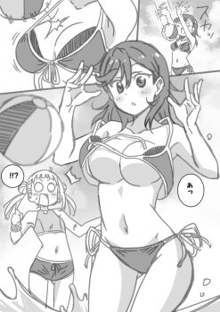 !? 2girls arashi_chisato arms_up ball beach_volleyball bikini blurry blush bouncing breasts chestnut_mouth cloud comic commentary depth_of_field double_bun hair_between_eyes hair_bun love_live! love_live!_superstar!! marugoshi_teppei medium_breasts medium_hair monochrome multicolored_bikini multiple_girls navel o_o outside_border panels playing_sports shibuya_kanon small_breasts sound_effects speech_bubble splashing surprised swimsuit teardrop translated two-tone_bikini undone_bikini volleyball volleyball_(object) wardrobe_malfunction water