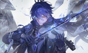 1boy absurdres aji_11300913 black_gloves bow_(music) expressionless flins_(genshin_impact) genshin_impact glass_shards gloves highres holding holding_instrument holding_violin instrument multicolored_hair shards teardrop tears violin white_background yellow_eyes