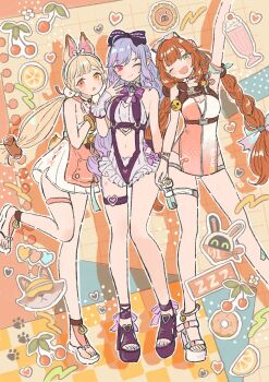 3girls alice_thymefield alice_thymefield_(sea_of_thyme) animal_ears arm_up armpits bare_shoulders blonde_hair blush bow bowtie braid braided_twintails breasts camera camera_around_neck cleavage closed_mouth clothing_cutout dress_swimsuit drill_hair eyewear_on_head facial_mark frilled_one-piece_swimsuit frilled_wrist_cuffs frills green_eyes hair_bow hair_ornament hearing_aid heart heart-shaped_eyewear heart_cutout heart_facial_mark heterochromia highres long_hair looking_at_viewer low_twin_braids low_twintails mole mole_under_eye multicolored_hair multiple_girls nail_polish navel official_alternate_costume one-piece_swimsuit one_eye_closed pink_one-piece_swimsuit pointy_ears purple_bow purple_bowtie purple_hair rabbit_ears rabbit_girl red_eyes red_hair sandals shiro_chan46 sideboob_cutout smile sphere_hair_ornament standing standing_on_one_leg stomach_cutout swimsuit thigh_strap toenail_polish toenails twin_braids twintails two-tone_one-piece_swimsuit ukinami_yuzuha ukinami_yuzuha_(tanuki_in_broad_daylight) very_long_hair vivian_banshee vivian_banshee_(iris_of_the_shore) water_gun white_one-piece_swimsuit wrist_cuffs yellow_eyes zenless_zone_zero