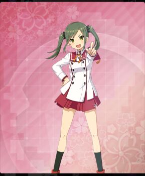 1girl :d black_socks breasts brown_shoes buttons dot_nose double-breasted floral_background game_cg green_eyes green_hair hair_ornament hand_on_own_hip legs_apart long_sleeves medium_hair minoseki_academy_school_uniform nagae_futaba neck_ribbon official_art open_mouth pink_background pointing pointing_at_viewer red_sailor_collar red_skirt ribbon sailor_collar school_uniform shirt shoes sidelocks skirt small_breasts smile socks solo tassel third-party_source toji_no_miko toji_no_miko:_kizamishi_issen_no_tomoshibi twintails white_shirt yellow_ribbon