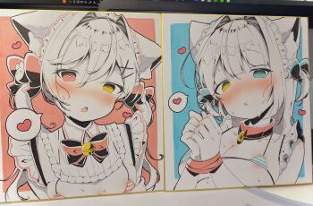 Rule 34 | 2girls, animal collar, animal ear fluff, animal ears, aroused, bell, bib collar, bikini, blue background, blue bikini, blue bow, blue eyes, blunt bangs, blush, border, bound, bound wrists, bow, bowtie, breasts, character request, chestnut mouth, collar, commentary request, detached collar, detached sleeves, ears down, fang, frilled headwear, frills, frown, hair intakes, hair ornament, half-closed eyes, heart, heterochromia, highres, jingle bell, komugi-chan (komugi), komugi (2212), long hair, looking at viewer, maid, maid bikini, marker (medium), micro bikini, millipen (medium), multiple girls, neck bell, nose blush, original, outside border, pen (medium), photo (medium), portrait, raised eyebrows, red background, red bikini, red bow, red bowtie, red collar, red eyes, short hair, skin fang, small breasts, spoken heart, striped bikini, striped clothes, sweat, swept bangs, swimsuit, traditional media, two side up, unconventional maid, white border, white hair, x hair ornament, yellow eyes