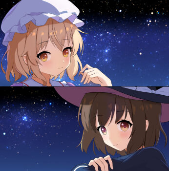 2girls absurdres black_capelet black_hat blush bow brown_eyes brown_hair capelet closed_mouth collared_dress contrast_collar dress frilled_shirt_collar frills hand_on_own_arm hat hat_bow highres looking_at_another maribel_hearn mob_cap multiple_girls night night_sky purple_dress shiro_(user_1048334293) shirt short_hair sitting sky smile star_(sky) starry_sky touhou twirling_hair usami_renko white_bow white_hat white_shirt yellow_eyes