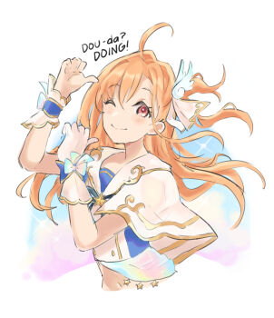 Rule 34 | 1girl, ;), absurdres, ahoge, buttons, closed mouth, commentary, cropped shirt, cropped torso, dou-da? doing!, double-breasted, double thumbs up, english commentary, hair ornament, highres, hito (maruhito), ikizulive! love live! bluebird, looking at viewer, love live!, midriff, navel, one eye closed, one side up, orange hair, red eyes, sailor collar, sailor shirt, shirt, smile, solo, song name, takahashi polka, thumbs up, white sailor collar, white shirt, wing hair ornament