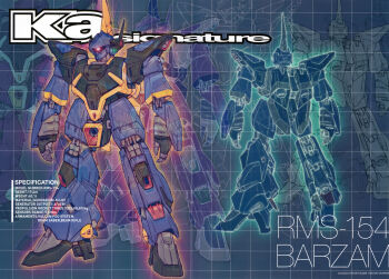 absurdres barzam character_name english_text grid_background gundam highres katoki_hajime lineart machinery mecha mecha_focus mobile_suit multiple_views no_humans one-eyed promotional_art radio_antenna robot science_fiction titans_(gundam) zeta_gundam