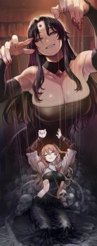 2girls absurdres bare_shoulders black_choker black_dress black_hair bound breasts brown_eyes brown_hair centuria_(manga) choker cleavage code:074 diamond_(gemstone) diamond_(shape) dress facial_mark forehead_mark gem hair_ornament helem_(centuria) highres jewelry lacrima_(centuria) large_breasts long_bangs long_hair multiple_girls nail_polish pendant pendant_choker puppet puppet_strings red_eyes red_nails restrained shibari size_difference skeleton skull smile string two_side_up