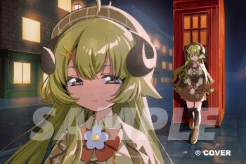 1girl ahoge animal_ears beret black_thighhighs blonde_hair boots bow bowtie braid brown_boots brown_hat brown_jacket brown_shirt brown_skirt center_frills collared_shirt commentary_request copyright_name cross-laced_clothes cross-laced_top fog framed_breasts frills grid hair_bun hair_ornament hairclip half_up_braid hat hololive horns jacket jacket_on_shoulders lace-up_boots long_hair miniskirt night official_alternate_costume official_art outdoors over-kneehighs phone_booth pleated_skirt popogano purple_eyes red_bow red_bowtie sample_watermark sheep_ears sheep_girl sheep_horns shirt single_side_bun skirt standing thighhighs three-quarter_sleeves tsunomaki_watame very_long_hair virtual_youtuber watermark wrist_cuffs zoom_layer