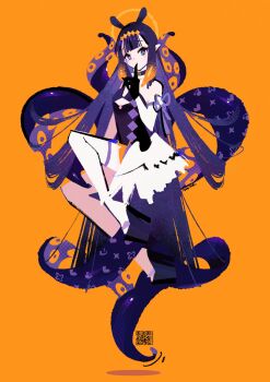 1girl black_dress blue_eyes blunt_bangs choker commentary detached_sleeves diamond_hairband dress floating full_body fur-trimmed_choker fur-trimmed_collar fur_choker fur_trim gloves gradient_hair halo halo_behind_head highres hololive hololive_english long_hair looking_at_viewer low_wings manodemarina mole mole_under_eye multicolored_hair ninomae_ina&#039;nis ninomae_ina&#039;nis_(1st_costume) orange_background orange_hair platform_clogs platform_sandals pointy_ears purple_hair sandals sidelocks simple_background solo strapless strapless_dress symbol-only_commentary tentacle_hair tentacles tube_dress very_long_hair virtual_youtuber wings