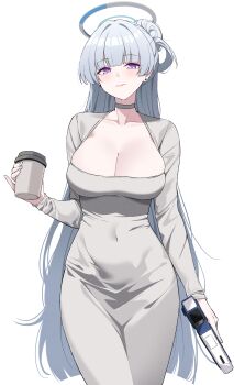 1girl absurdres blue_archive blunt_bangs breasts choker cleavage cleavage_cutout closed_mouth clothing_cutout collarbone commentary_request covered_navel cup disposable_cup dress earrings grey_choker grey_dress grey_hair gun hair_bun halo handgun highres holding holding_cup holding_gun holding_weapon jewelry large_breasts long_hair long_sleeves looking_at_viewer noa_(blue_archive) purple_eyes reia_76 simple_background solo staccato_2011 standing very_long_hair weapon white_background