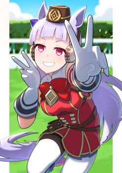 1girl absurdres animal_ears belt blunt_bangs blurry blurry_background bow bowtie breasts buttons chest_belt commentary_request cowboy_shot dot_nose double-breasted double_v dress dynamic_pose gloves gold_ship_(red_strife)_(umamusume) gold_ship_(umamusume) gold_trim grin hand_up highres horse_ears horse_girl horse_tail leg_up long_hair looking_at_viewer medium_breasts multiple_belts notice_lines o-ring outdoors outside_border outstretched_arm pantyhose pillarboxed pillbox_hat red_bow red_bowtie red_dress red_eyes rerere short_dress sleeveless sleeveless_dress smile solo tail teeth umamusume v v-shaped_eyebrows very_long_hair white_gloves white_hair white_pantyhose