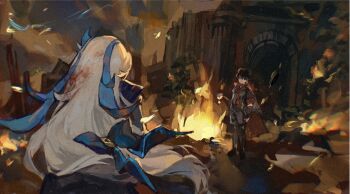 Rule 34 | 2boys, bandaged neck, bandages, black bandages, black boots, black gloves, black hair, black shirt, blood, blood in hair, blue bow, blue coat, blue eyes, blue hair, boots, bow, building, burning, closed mouth, coat, coat on shoulders, earrings, fire, full body, genshin impact, gloves, grey pants, grey vest, hair between eyes, hair bow, highres, jewelry, long hair, long sleeves, looking at another, low-tied long hair, male focus, multicolored hair, multiple boys, necktie, neuvillette (genshin impact), outdoors, pants, red necktie, ruins, shirt, short hair, sleeves rolled up, smile, smoke, standing, streaked hair, stud earrings, thigh boots, two-sided coat, two-sided fabric, upper body, vest, white hair, wriothesley (genshin impact), xuemen