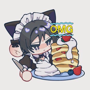 1boy alternate_costume animal_ears black_bow black_dress black_hair blueberry blunt_ends blush bow bright_pupils brown_pantyhose cat_boy cat_ears chibi choppy_bangs closed_mouth crossdressing crossdressing_(mtf) dress ear_blush enmaided food frilled_dress frilled_hairband frills fruit genshin_impact hair_bow hair_intakes hairband heart highres holding holding_knife juliet_sleeves knife light_frown long_sleeves looking_at_food looking_at_viewer maid maid_headdress male_focus male_maid pancake pancake_stack pantyhose plate puffy_sleeves purple_eyes scaramouche_(genshin_impact) short_sleeves solo strawberry table_knife wa_gi88 whipped_cream white_background white_hairband white_headdress white_pupils