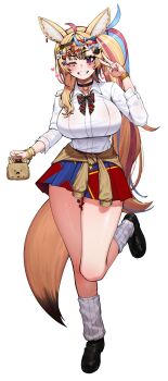 1girl absurdres animal_ear_fluff black_choker black_shoes blonde_hair blue_hair blue_streaks blush bow bowtie breasts choker commentary fox fox_girl fox_tail full_body grin gyaru highres hololive kogal kourui large_breasts leg_tattoo long_hair looking_at_viewer loose_socks mark_under_both_eyes miniskirt multicolored_bow multicolored_bowtie multicolored_hair multicolored_skirt official_alternate_costume official_alternate_hairstyle omaru_polka omaru_polka_(school_uniform) pink_hair pink_streaks pleated_skirt purple_eyes red_skirt shirt shoes side_ponytail skirt smile socks solo standing standing_on_one_leg tail tattoo thighs too_many_hair_ornaments v very_long_hair white_shirt white_socks yellow_tail