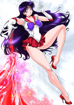 Rule 34 | absurdres, back bow, bishoujo senshi sailor moon, black hair, bow, bowtie, breasts, brooch, circlet, earrings, elbow gloves, fire, gem, gloves, high heels, highres, hino rei, jewelry, long hair, looking at viewer, miniskirt, no socks, panties, panty peek, pleated skirt, purple bow, purple bowtie, purple eyes, red gem, red sailor collar, red shoes, red skirt, sailor collar, sailor mars, sailor senshi uniform, shoes, skirt, solo, thick thighs, thighs, underwear, v-shaped eyebrows, white gloves, yuri ai