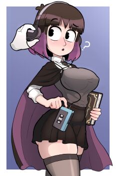 1girl ? black_cape black_eyes black_hair black_necktie black_skirt black_thighhighs blue_background blush book breasts cape cassette_player cassette_tape covered_erect_nipples disembodied_hand grey_sweater_vest headphones highres hilda_(series) holding holding_book kaisa_(hilda) large_breasts long_sleeves looking_to_the_side multicolored_hair necktie open_mouth purple_cape purple_hair raised_eyebrow rukisan(pixiv) shirt short_hair skirt sony stomach sweater_vest thick_thighs thighhighs thighs two-sided_cape two-sided_fabric two-tone_cape two-tone_hair walkman white_shirt
