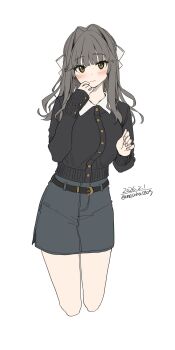 1girl absurdres belt black_belt black_cardigan blush bow breasts brown_eyes cardigan closed_mouth grey_hair grey_skirt hair_bow highres long_hair long_sleeves looking_at_viewer medium_breasts original shirt simple_background skirt solo unasaka_ryou white_background white_bow