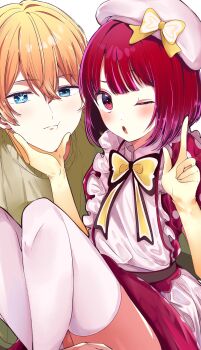 1boy 1girl :t ;o arima_kana beret blonde_hair blue_eyes blush bow bowtie closed_mouth dress gloves hair_between_eyes hat highres hoshino_aquamarine idol_clothes one_eye_closed open_mouth oshi_no_ko red_eyes red_hair risdelusions short_hair star-shaped_pupils star_(symbol) symbol-shaped_pupils thighhighs white_hat white_thighhighs yellow_bow yellow_bowtie yellow_gloves