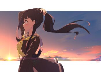 1girl artist_name backlighting black_hair blunt_bangs blush border brown_dress brown_eyes brown_serafuku closed_mouth cloud commentary cowboy_shot dress english_commentary evening feca from_side hand_up highres holding holding_own_hair lens_flare long_hair long_sleeves make_heroine_ga_oo_sugiru! momozono_junior_high_school_uniform neckerchief nukumizu_kaju outdoors outside_border ponytail profile sailor_collar sailor_dress school_uniform serafuku sky solo sun sunlight sunset white_border white_sailor_collar yellow_neckerchief