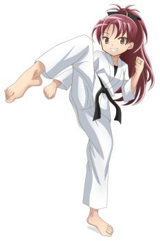 Rule 34 | 1girl, barefoot, belt, black belt, black ribbon, commentary request, dougi, grin, highres, jewelry, karate gi, leg up, looking at viewer, mahou shoujo madoka magica, martial arts, martial arts belt, ponytail, red hair, ribbon, ring, riokasen, sakura kyoko, simple background, smile, solo, toes, white background