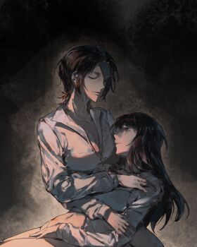 2girls black_background black_hair blunt_bangs breasts chinese_commentary cleavage closed_eyes closed_mouth clothes_lift collarbone collared_shirt couple covering_privates deadbirdorzcr empty_eyes from_side gil_somyung grey_shirt highres implied_sex incest indoors large_breasts leaning_back leaning_on_person leaning_to_the_side light_smile like_mother_like_daughter long_hair long_sleeves looking_to_the_side looking_up mother_and_daughter multiple_girls navel no_panties parted_bangs partially_unbuttoned shade shirt shirt_lift short_hair sitting somyung&#039;s_mother_(like_mother_like_daughter) stomach yuri