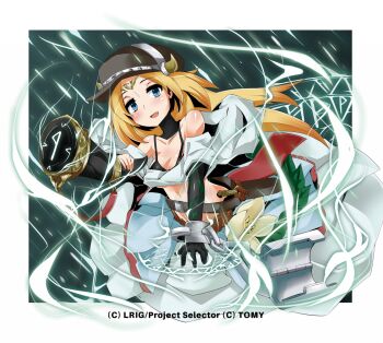 bikini black_bikini black_gloves black_hat blonde_hair blue_eyes border breasts cleavage commentary_request copyright_notice elbow_gloves gloves hat long_hair looking_at_viewer medium_breasts official_art open_mouth shirt smile solo swimsuit takamine_nadare valkyrie_(wixoss) white_border white_shirt wixoss