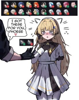 1boy 1girl 2na_(blue2na) black_collar black_gloves blonde_hair collar commentary drawn_ears english_commentary flying_sweatdrops gloves hair_ornament hairband hand_on_own_chest heart heart-shaped_pupils long_sleeves male_rover_(wuthering_waves) no_headwear pantyhose phoebe_(wuthering_waves) purple_eyes rover_(wuthering_waves) screenshot_inset shirt skirt symbol-shaped_pupils tacet_mark_(wuthering_waves) white_hairband white_pantyhose white_shirt white_skirt wuthering_waves x_hair_ornament