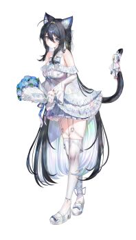 1girl absurdres animal_ears bare_shoulders black_hair blue_eyes blue_flower bouquet bow breasts cat_ears cat_girl cat_tail closed_mouth colored_inner_hair commentary_request dress flower full_body gloves hair_between_eyes heart heart_o-ring highres holding holding_bouquet leaning_forward long_hair looking_at_viewer medium_breasts multicolored_hair o-ring original pudding_cream shoes simple_background solo standing strapless strapless_dress tail tail_bow tail_ornament thighhighs very_long_hair white_background white_bow white_dress white_gloves white_hair white_shoes white_thighhighs