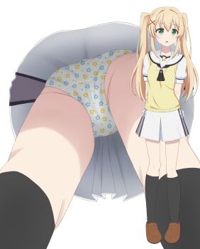 1girl :o absurdres arms_behind_back ascot ass black_ascot black_socks blonde_hair brown_shoes commentary_request commission dot_nose floral_print floral_print_panties flower_panties from_below full_body green_eyes hair_intakes hair_ornament highres kneehighs loafers long_hair miniskirt mtu_virus multiple_views open_mouth panties pixiv_commission piyoyama print_panties puffy_short_sleeves puffy_sleeves sailor_collar school_uniform serafuku shirt shoes short_sleeves skirt socks standing summer_pockets summer_pockets_school_uniform sweater_vest tsumugi_wenders twintails underwear upskirt white_panties white_sailor_collar white_serafuku white_shirt white_skirt x_hair_ornament yellow_sweater_vest