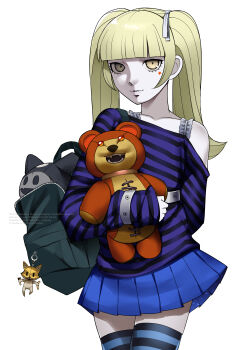 1girl absurdres alice_(megami_tensei) alternate_costume alternate_hairstyle blonde_hair blue_skirt blunt_bangs bugs_(megami_tensei) chironnupu_(megami_tensei) closed_mouth commentary demon_(megami_tensei) english_commentary green_bag highres holding holding_stuffed_toy jack_frost_(megami_tensei) looking_at_viewer partially_shaded_face pleated_skirt shin_megami_tensei shirt simple_background single_bare_shoulder skirt smile solo standing striped_clothes striped_shirt stuffed_animal stuffed_toy teddy_bear tomokoeshi twintails white_background yellow_eyes