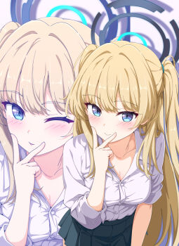 1girl absurdres alternate_costume alternate_hairstyle blonde_hair blue_archive blue_eyes blue_halo breasts cleavage closed_mouth collared_shirt commentary green_skirt halo highres kame_(nokonoko10271) long_hair looking_at_viewer medium_breasts one_eye_closed open_mouth pleated_skirt shirt skirt smile solo toki_(blue_archive) twintails v v_over_mouth white_shirt