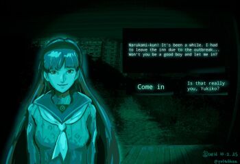 Rule 34 | 1girl, amagi yukiko, artist name, blunt bangs, breasts, commentary, dated, dialogue box, dialogue options, english commentary, english text, game screenshot background, green theme, hairband, kaen (yoltablaze), long hair, looking at viewer, medium breasts, neckerchief, no i'm not a human, parody, parted lips, persona, persona 4, sailor collar, screenshot background, smile, solo, straight-on, sweater, twitter username, upper body