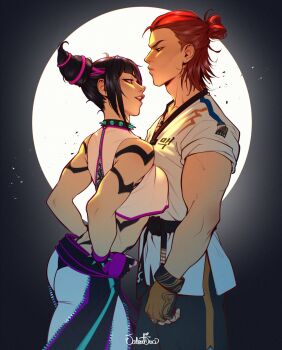 1boy 1girl artist_name bare_shoulders belt black_belt black_choker black_gloves black_hair black_pants bracelet breast_press breasts brown_eyes capcom choker country_connection crossover dobok drill_hair gloves han_juri hetero highres hwoarang_(tekken) jewelry large_breasts martial_arts_belt matching_hair/eyes medium_hair multicolored_gloves multicolored_hair namco orange_gloves orange_hair pants purple_eyes shirt spiked_hair street_fighter street_fighter_6 tekken tekken_8 trait_connection twin_drills two-tone_gloves two-tone_hair v-shaped_eyebrows valentinainat1 white_shirt