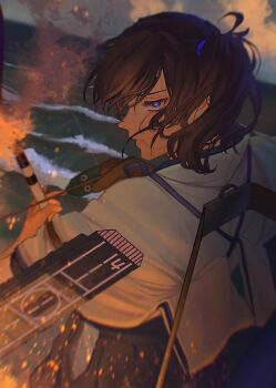 Rule 34 | 1girl, arrow (projectile), bow (weapon), brown eyes, brown hair, commentary request, embers, flight deck, from behind, gloves, glowing pupils, hair tie, hakama, hakama skirt, highres, holding, holding arrow, holding bow (weapon), holding weapon, horizon, japanese clothes, kaga (kancolle), kantai collection, kimono, looking at viewer, medium hair, ocean, oucha (aupt31), partially fingerless gloves, partly fingerless gloves, rigging, side ponytail, skirt, tasuki, waves, weapon, white kimono, yugake, yumi (bow)