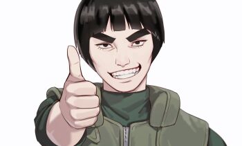 Rule 34 | 1boy, black hair, bodysuit, bowl cut, eyelashes, green bodysuit, green vest, grin, looking at viewer, male focus, might guy, naruto (series), shasun3, short hair, smile, solo, teeth, thick eyebrows, thumbs up, upper body, vest, white background