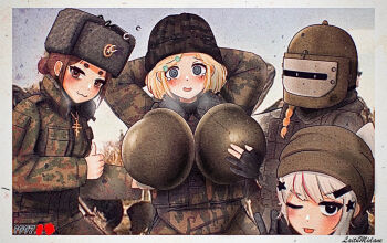 4girls :3 @_@ altyn_helmet blonde_hair blush braid camouflage combat_helmet commentary cross embarrassed english_commentary fake_photograph flustered hat helmet jewelry laitumidane looking_at_viewer military_combat_uniform military_uniform multiple_girls necklace one_eye_closed original orthodox_cross photo-referenced tongue tongue_out ushanka