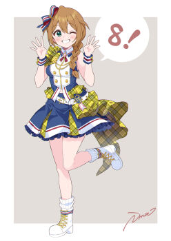 1girl baba_konomi belt blue_skirt blush boots border bow braid breasts brown_hair create_festival_(idolmaster) full_body green_eyes grey_background grin hair_bow hair_over_shoulder hands_up highres idolmaster idolmaster_million_live! idolmaster_million_live!_theater_days ima_(lm_ew) leg_up long_hair looking_at_viewer multicolored_bow official_alternate_costume one_eye_closed outside_border plaid_clothes signature simple_background single_braid skirt sleeveless smile solo standing standing_on_one_leg two_side_up white_belt white_boots white_border wrist_cuffs