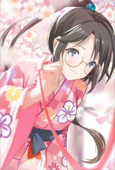 1girl black_hair blue_eyes blurry blurry_background blush commentary english_commentary floral_print floral_print_kimono flower highres idolmaster idolmaster_shiny_colors japanese_clothes kimono light_smile long_hair mitsumine_yuika pink_kimono pinky_out ponytail print_kimono round_eyewear solo string string_of_fate wanderstillart