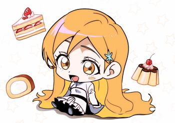 1girl bleach blush_stickers bread brown_eyes cake cherry chibi chibi_only dress food fruit full_body hair_ornament hairclip inoue_orihime long_hair long_sleeves n_(nauki_11) open_mouth orange_hair pudding simple_background sitting solo star_(symbol) star_symbol_background strawberry_cake very_long_hair white_dress