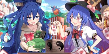 4girls armor armored_dress aura bangle black_hat blue_eyes blue_hair blue_shirt blue_sky blunt_bangs blush bow bowtie box bracelet breasts brown_hoodie center_frills cloud collarbone collared_shirt commentary dancing day dress e.o. english_commentary folding_fan food fox_mask frills fruit fruit_hat_ornament game_cg gift gift_box gradient_background hair_between_eyes hair_bow hand_fan hand_on_own_hip haniwa_(statue) happy_tears hat hata_no_kokoro highres hinanawi_tenshi holding holding_fan holding_gift hood hoodie jewelry joutouguu_mayumi kappa_mask leaning_forward long_hair mask mask_on_head multiple_girls no_eyes official_art omikuji open_mouth orange_skirt outdoors peach peach_hat_ornament pink_hair plaid_clothes plaid_vest puffy_short_sleeves puffy_sleeves purple_hair rabbit_mask red_bow red_bowtie red_eyes shirt short_sleeves shouting sidelocks skirt sky smile sparkle stage tears third-party_source touhou touhou_lostword translation_request turtle very_long_hair vest white_dress white_shirt yellow_armor yellow_vest yin_yang yorigami_shion