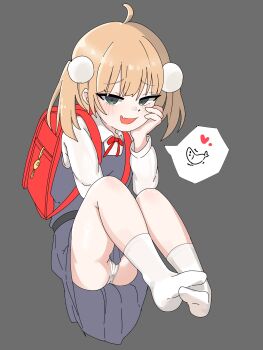 1girl absurdres ahoge backpack bag black_sash blonde_hair blush fang from_side full_body grey_background hair_ornament highres indie_virtual_youtuber invisible_floor loli looking_at_viewer mesugaki panties pantyshot pom_pom_(clothes) pom_pom_hair_ornament randoseru red_ribbon ribbon saewoocho_bab sash shigure_ui_(vtuber) shigure_ui_(young)_(vtuber) shirt short_twintails simple_background sitting skin_fang smug socks solo speech_bubble twintails underwear virtual_youtuber white_panties white_shirt white_socks